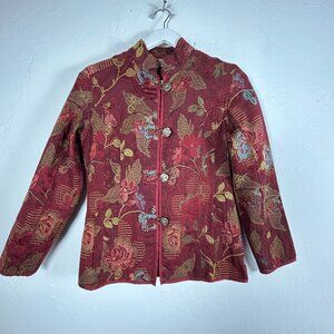 Chico's Women Red Floral Embroidered Asian Jacket Mandarin Collar Cottage Size 0